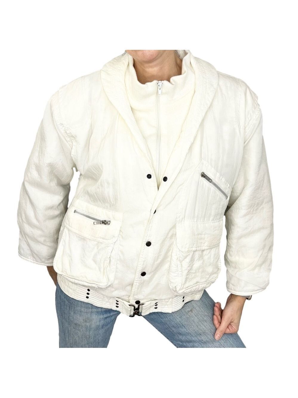 Vintage 80s SOGO Montreal cropped retro white grommet bomber jacket S